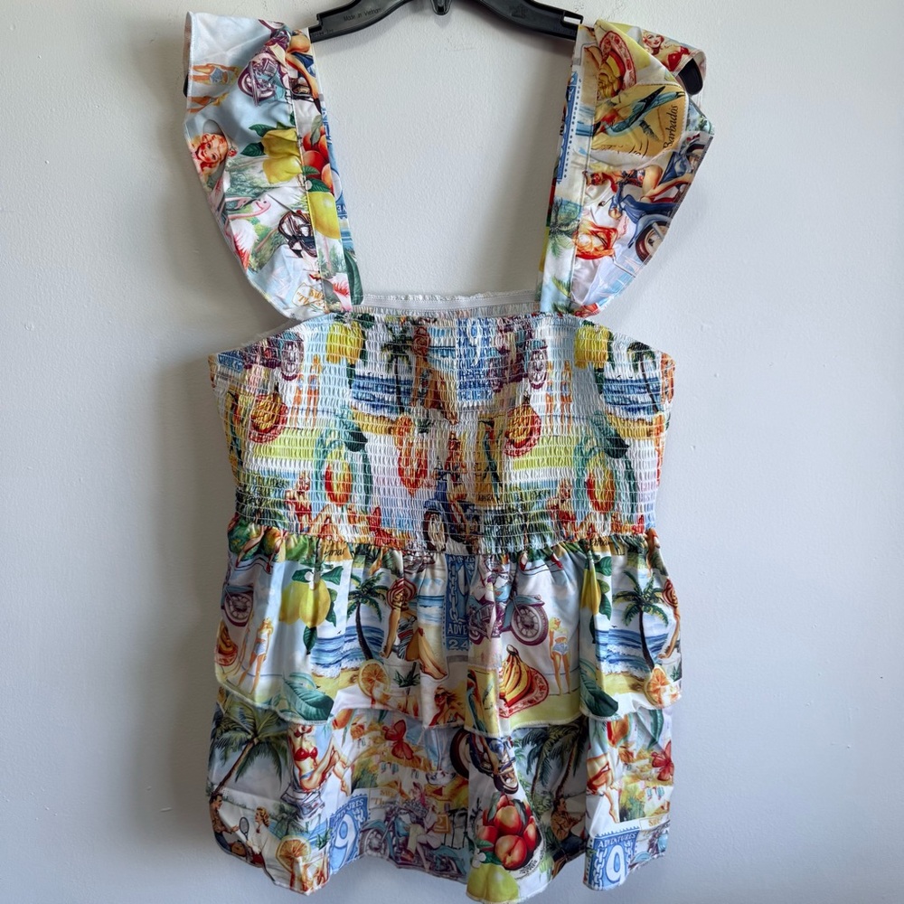 Vintage Kitschy Retro Beach Print Smocked Peplum Tiered Top Plus Size 2X